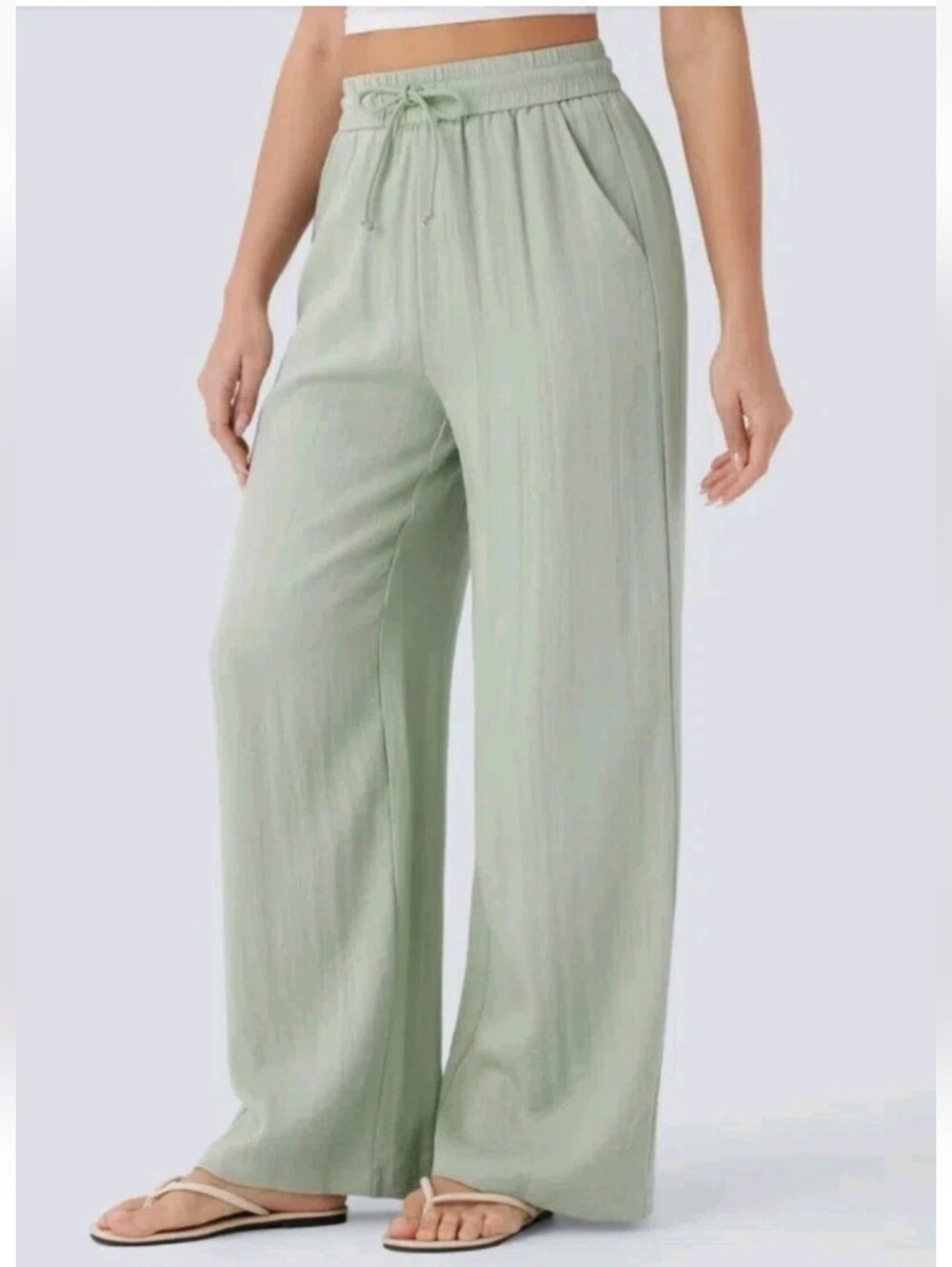 Halara Women's Linen Feel Pants Sage Green Pocket High Waisted Drawstring M